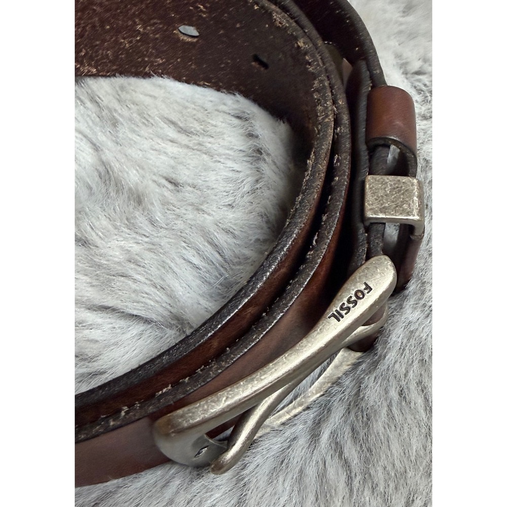 Fossil Mens Dark Brown Genuine Leather Belt MB136120038 Sz 38 Distressed Buckle - Picture 5 of 6